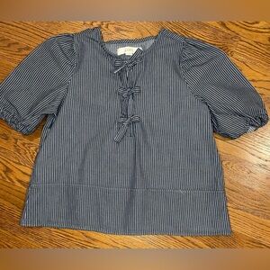 Ann Taylor LOFT Blue Striped Chambray Bow Top Shirt Blouse sz XS Petite
